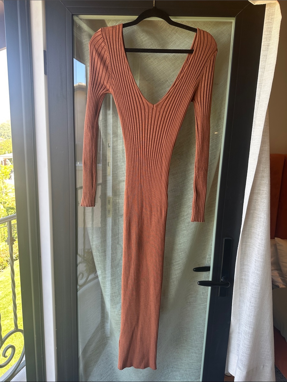Hera Collection Ribbed V-Neck Long Sleeve Maxi Dress - Rust